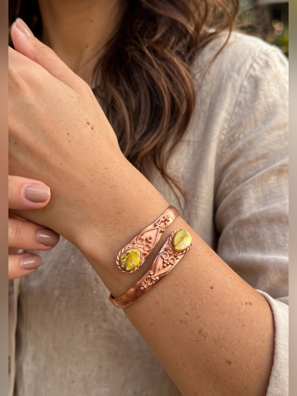Copper Real Yellow Stone Cuff Bracelet